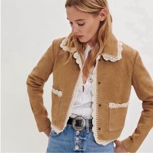 Maje Bicoti Crochet Trim Suede Jacket